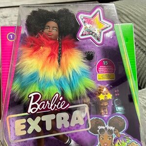 Barbie Extra Doll and Accessories with Afro-Puffs in Shaggy Rainbow Coat & Athle